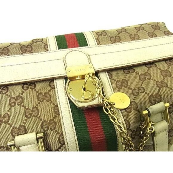 Gucci Vintage Jolicoeur Satchel Brown Large G Print Canvas w White Leather - Picture 2 of 10